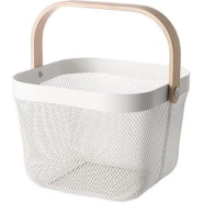 Square Metal Mesh Fruit Shopping Wooden Handle Storage Basket - Multi-colour