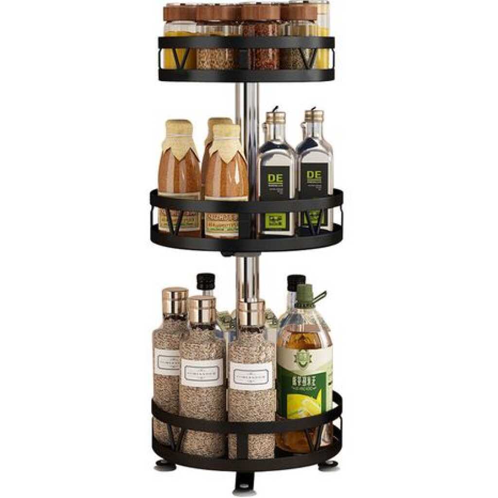 3 Tier 360° Rotatating Kitchen Trolley Shelf Spice Storage Rack Organizer Stand - Black