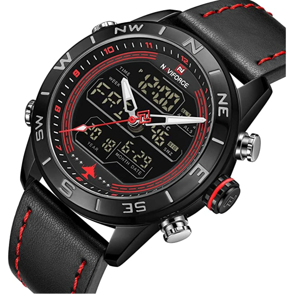 NAVIFORCE Mens Waterproof Sport Watches Leather Digital Analog Watch Luxury Casual Dual Time Wristwatch