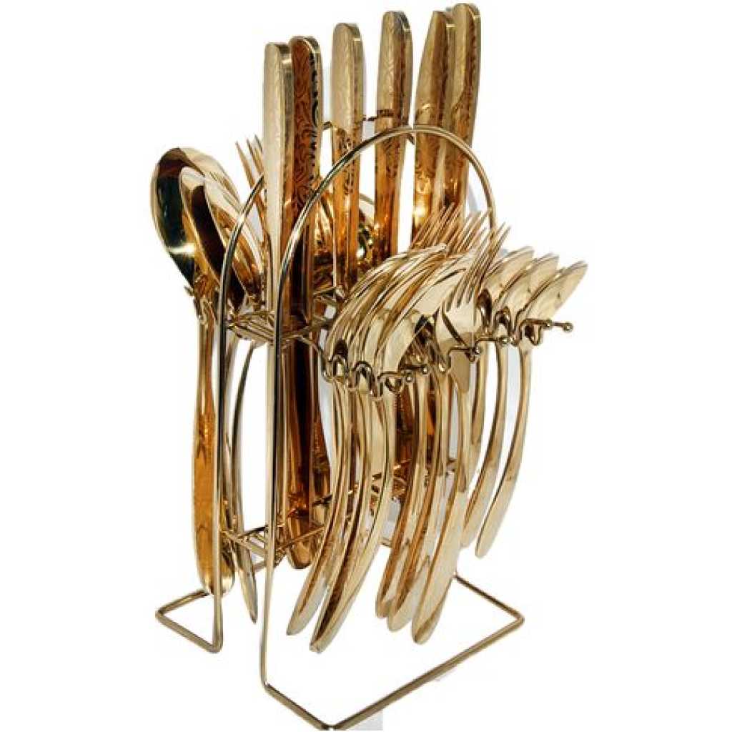 24pcs Cutlery (Forks, Spoons & Knives) with a Stand - Gold