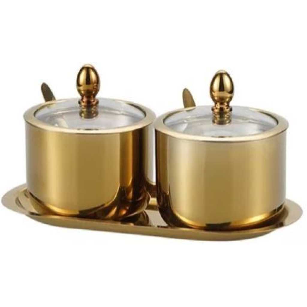 2 Pc Seasoning Containers Spice Jar Rack Condiment Salt Pepper Sugar Storage Organizers With Serving Spoons - Gold.