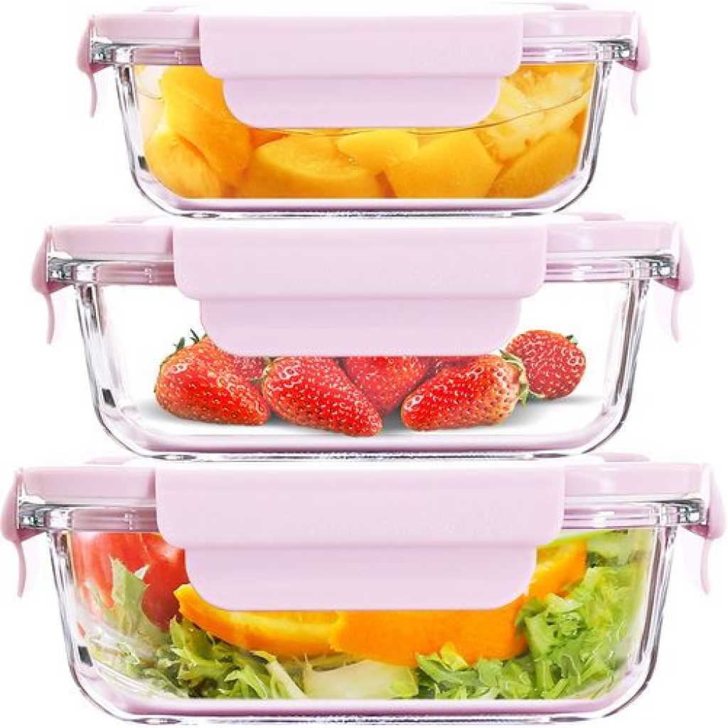 3 Piece Food Safe Microwave Oven Safe Glass Bowls Fridge Containers -Pink.