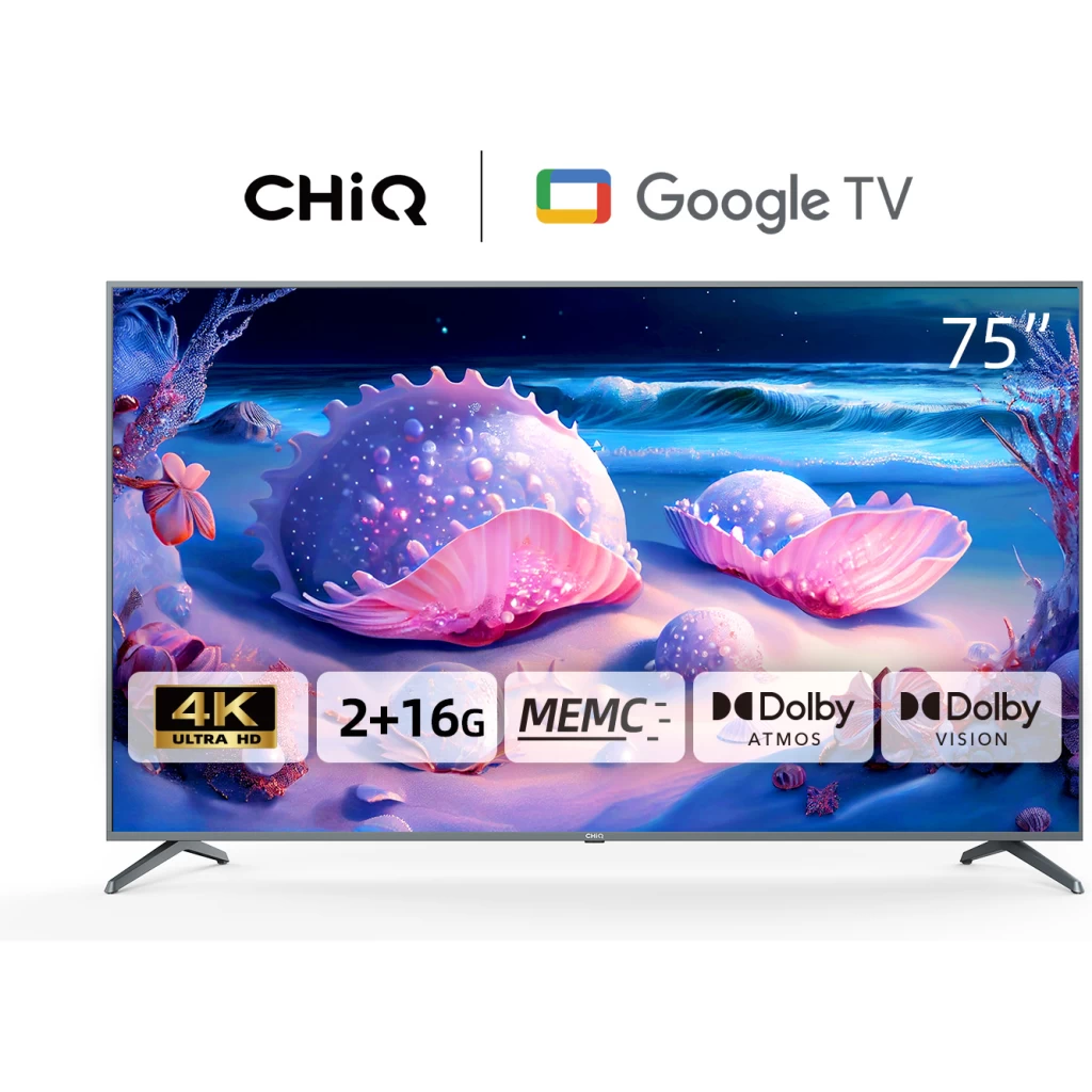 CHiQ 75 - Inch UHD 4K Smart TV U75F8TG; Google TV, Android 11, Bluetooth, USB, HDR10, HLG, Netflix, Youtube, With Inbuilt Free To Air Decoder - Black