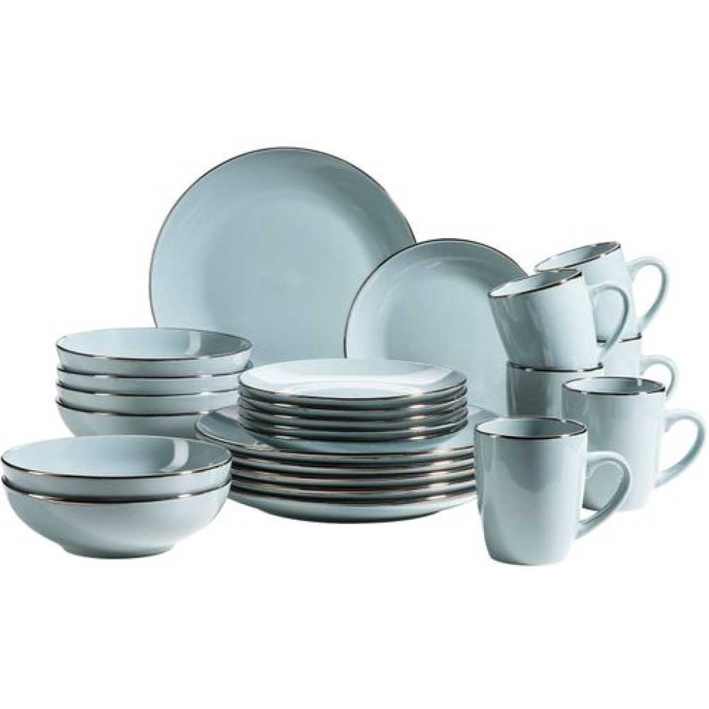 16-Piece Ceramic Stoneware Metallic Rim Dinner Plates Set Dessert Sideplates Cups Bowls Dinnerware Set- Blue