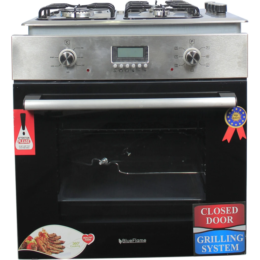 Blueflame 60cm Built-in Cooker 43IC; 3-Gas Burners And 1-Electric Plate, Electric Oven, Oven Fan, Grill Heater, Thermostat, Fan, Auto Ignition - Inox