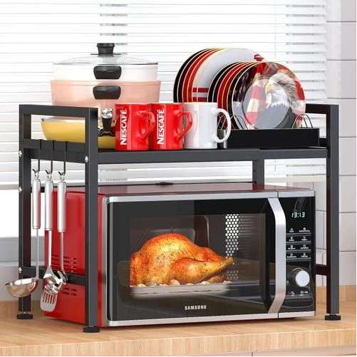 Kitchen Shelf Microwave Oven Rack store with 6 Hooks and 4 Removable Stop Wheels