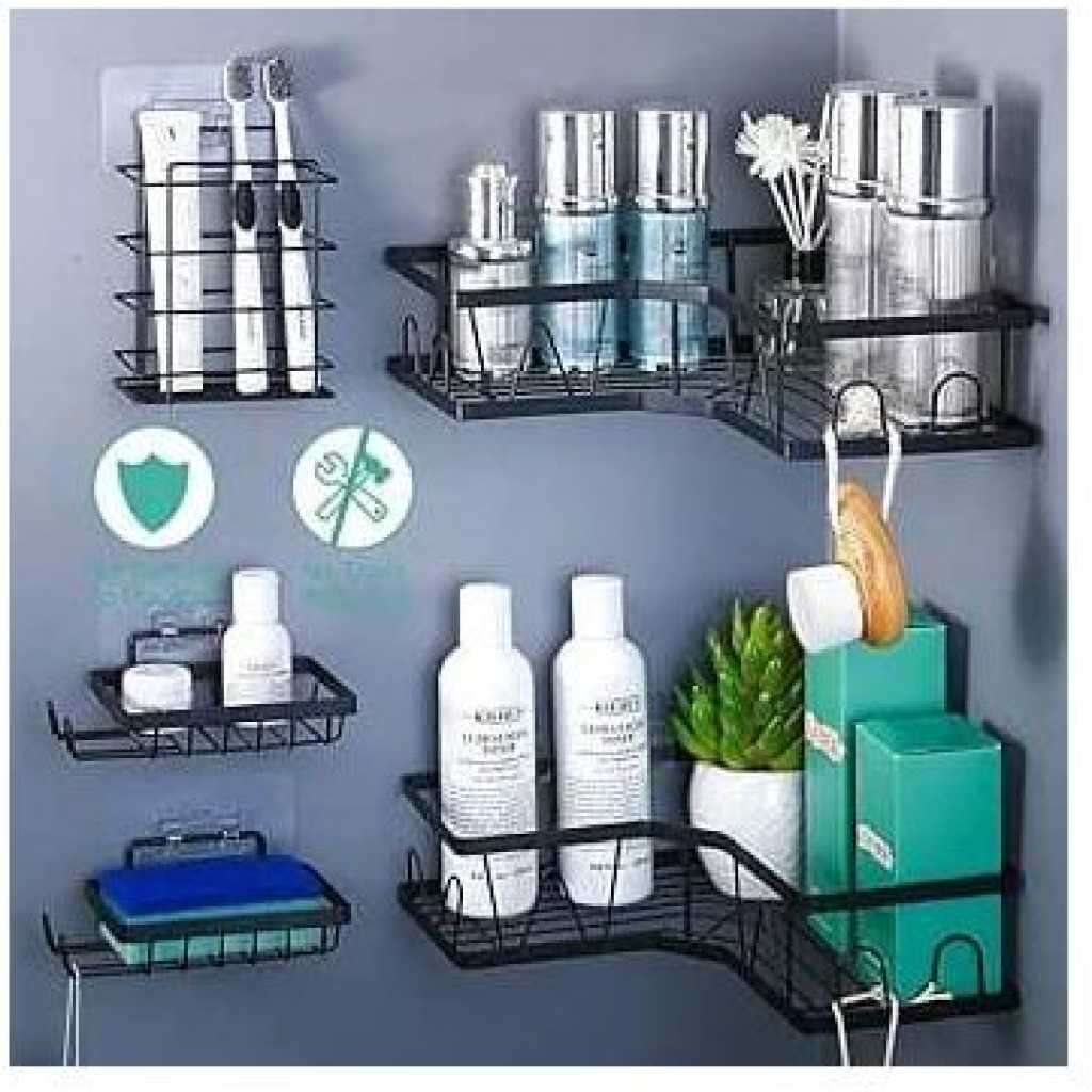 5 Sets Cosmetics Lotion Bathroom Storage Rack for Kitchen Organizer No-Punch Wall -mounted Oil Salt Vinegar Multifunction Organizer Soap Dish Toiletries Shelf Practical Shower Caddy Set -Black