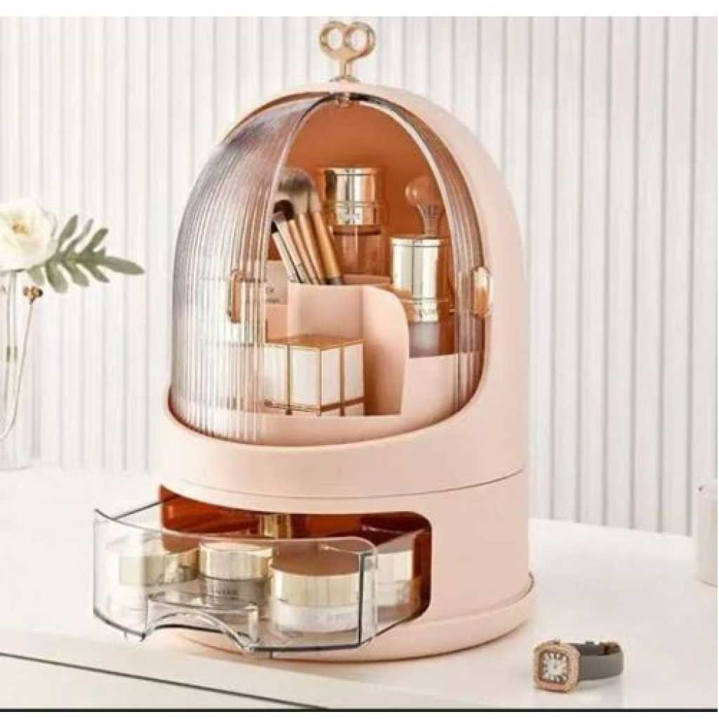 Makeup Organizer,360 Degree Rotating Cosmetics Display Case With Jewelry Drawers, Lid, Dust Waterproof Storage Box Desktop Beauty Display Stand for Lipsticks, Brushes, LotionsSuitable For Bathroom Countertop And Bedroom Vanity Dresser Tray -Multicolor