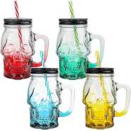 6 Set 500ML Halloween Skull Mason Jars Clear Glass Tumbler Wine Cocktail Juice Drinking Gradient Glasses Milk Cups With Straws And Lids For Theme parties, Bars Decorations